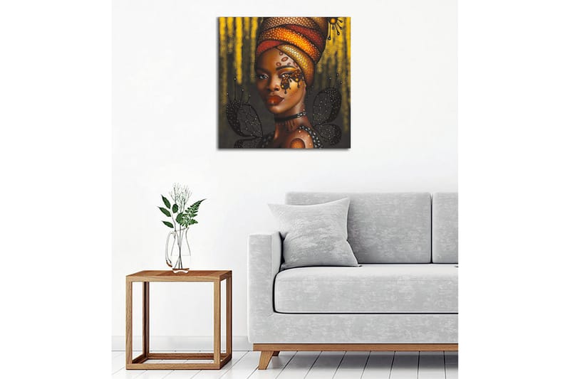 Lerretsbilde - Portrett av en kvinne med fargerik hodeplagg og sommerfugler - Gull / Svart / Rød - Innredning - Bilder & kunst - Lerretsbilder