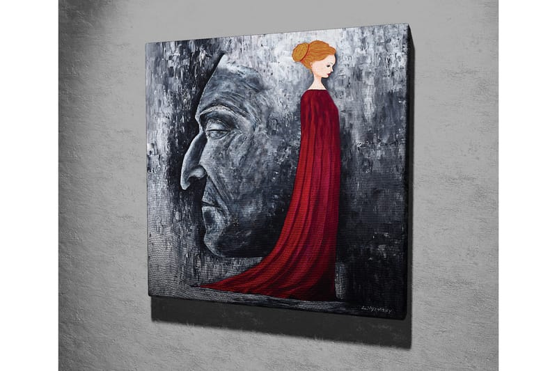 Lerretsbilde - Portrett av en kvinne i en rød kjole med en stor ansiktsprofil i grått i bakgrunnen - Rød / Grå / Svart - Innredning - Bilder & kunst - Lerretsbilder