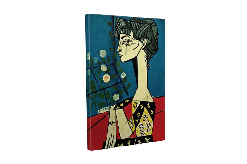 Lerretsbilde - Portrett av en kvinne med stiliserte ansiktstrekk og blomster i bakgrunnen, Blå / Rød / Svart