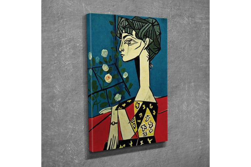 Lerretsbilde - Portrett av en kvinne med stiliserte ansiktstrekk og blomster i bakgrunnen - Blå / Rød / Svart - Innredning - Bilder & kunst - Lerretsbilder