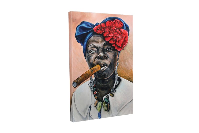 Lerretsbilde - Portrett av en kvinne med sigar og fargerik hodeplagg, Mørk blå / Rød / Hudtone