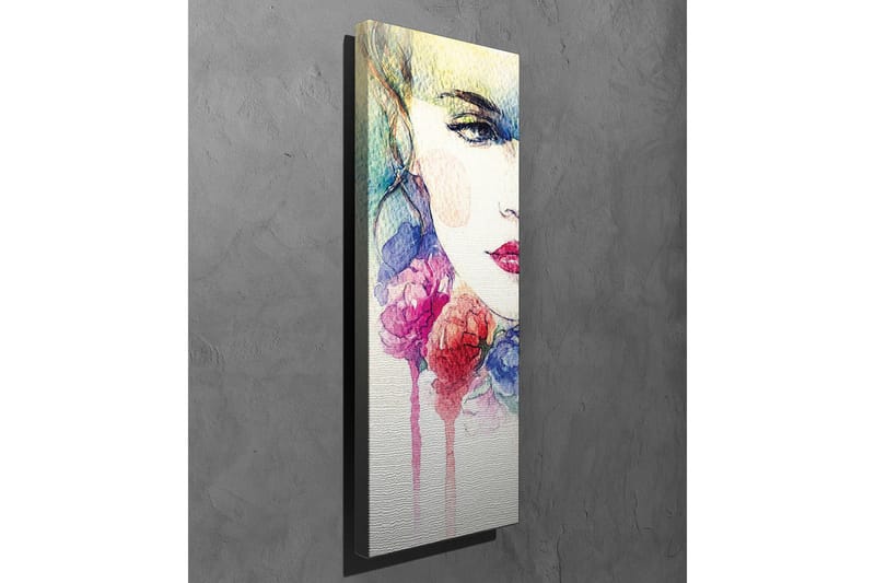 Lerretsbilde - Portrett av en kvinne med fargerike blomster rundt ansiktet - Rosa / Blå / Gul - Innredning - Bilder & kunst - Lerretsbilder