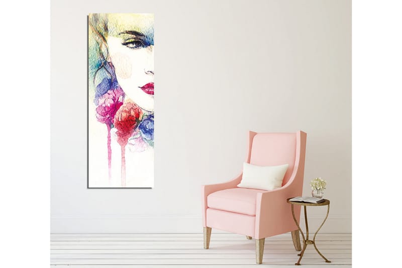 Lerretsbilde - Portrett av en kvinne med fargerike blomster rundt ansiktet - Rosa / Blå / Gul - Innredning - Bilder & kunst - Lerretsbilder