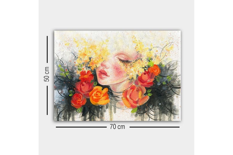 Lerretsbilde - Portrett av en kvinne med blomster i håret - Oransje / Gul / Svart - Innredning - Bilder & kunst - Lerretsbilder