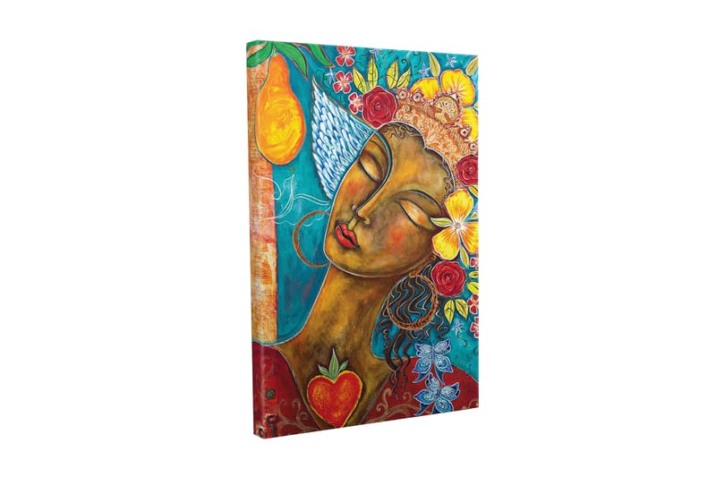 Lerretsbilde - Portrett av en kvinne med blomster og frukt i håret - Turkis / Brun / Rød - Innredning - Bilder & kunst - Lerretsbilder