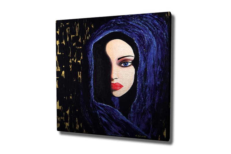 Lerretsbilde - Portrett av en kvinne med et mystisk blikk i en mørk hette - Mørk blå / Svart / Rød - Innredning - Bilder & kunst - Lerretsbilder