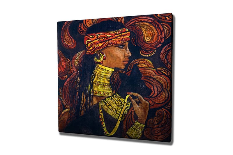 Lerretsbilde - Portrett av en kvinne med smykker og en svart katt, Mørk brun / Oransje / Gul