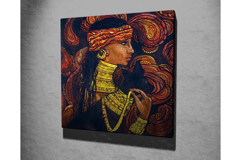 Lerretsbilde - Portrett av en kvinne med smykker og en svart katt - Mørk brun / Oransje / Gul - Innredning - Bilder & kunst - Lerretsbilder