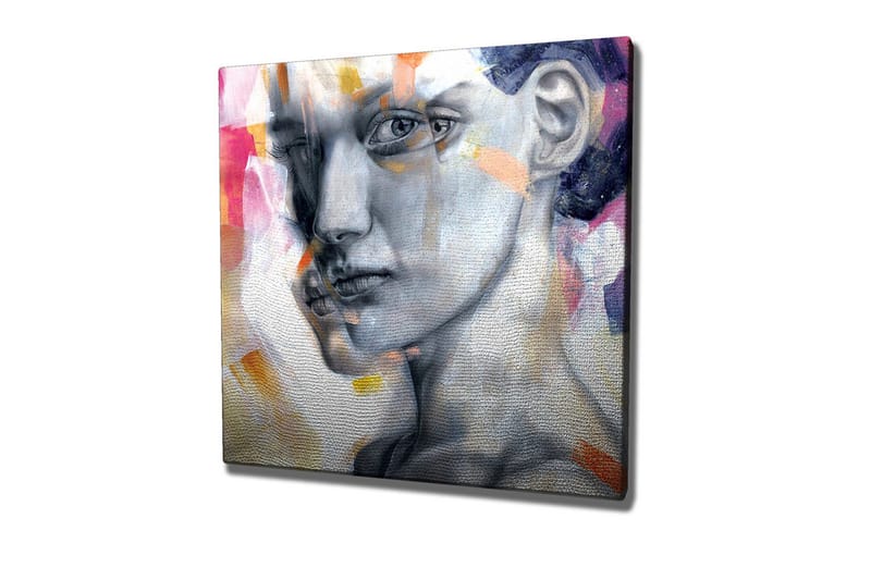 Lerretsbilde - Portrett av en kvinne med et uttrykksfullt ansiktsuttrykk, Grå / Rosa / Oransje