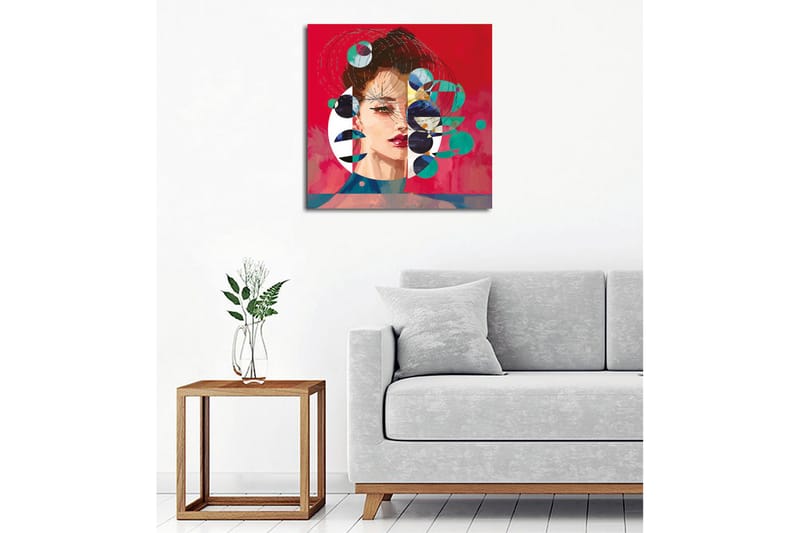 Lerretsbilde - Portrett av en kvinne med abstrakte geometriske former og fargerike sirkler - Rød / Grønn / Svart - Innredning - Bilder & kunst - Lerretsbilder