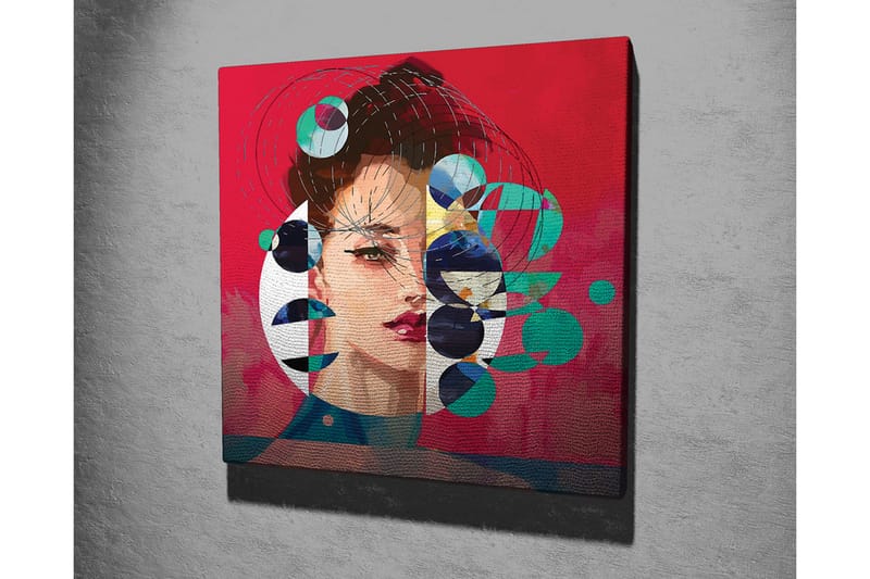 Lerretsbilde - Portrett av en kvinne med abstrakte geometriske former og fargerike sirkler - Rød / Grønn / Svart - Innredning - Bilder & kunst - Lerretsbilder