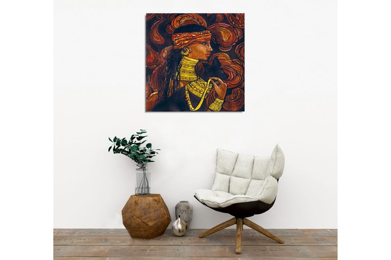 Lerretsbilde - Portrett av en kvinne med smykker og en svart katt - Mørk brun / Oransje / Gul - Innredning - Bilder & kunst - Lerretsbilder