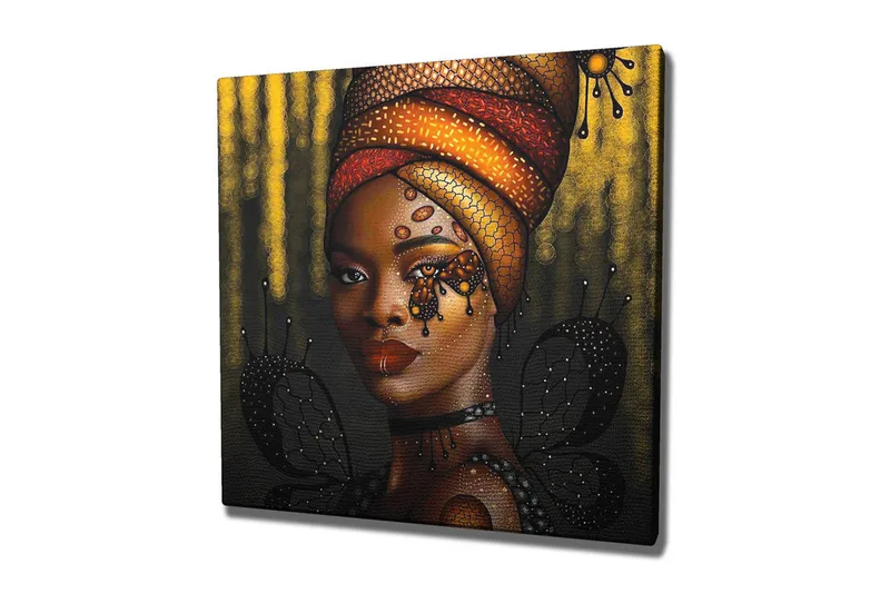 Lerretsbilde - Portrett av en kvinne med fargerik hodeplagg og sommerfugler, Gull / Svart / Rød