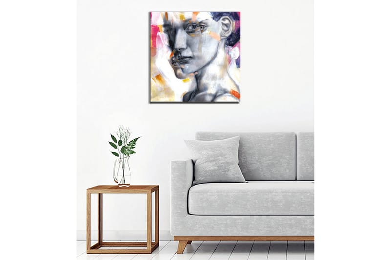 Lerretsbilde - Portrett av en kvinne med et uttrykksfullt ansiktsuttrykk - Grå / Rosa / Oransje - Innredning - Bilder & kunst - Lerretsbilder