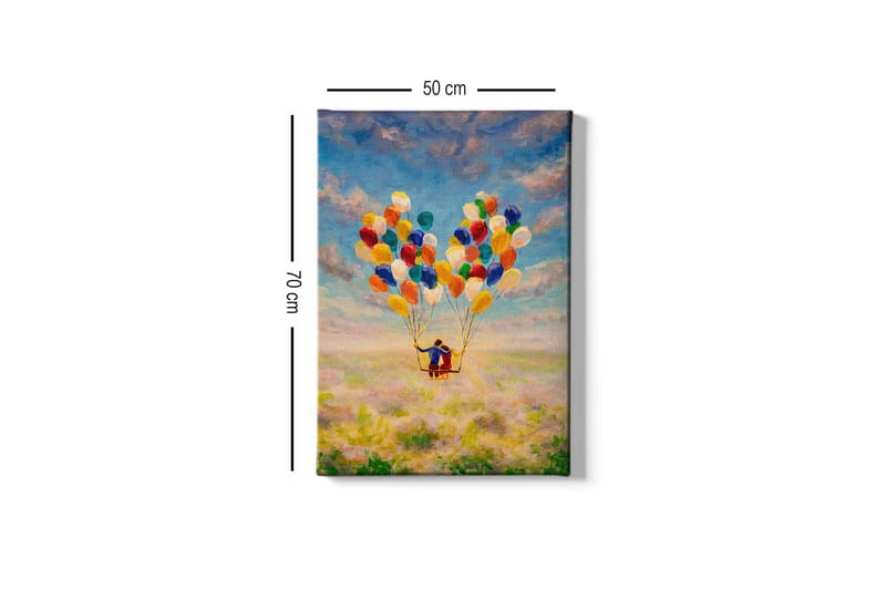 Lerretsbilde - Par med ballonger som svever over en blomstrende eng - Gul / Grønn / Blå - Innredning - Bilder & kunst - Lerretsbilder