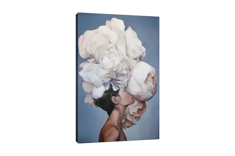 Lerretsbilde - Portrett av en person med en stor bukett hvite blomster som svever over hodet, Hvit / Lys grå / Hudtone