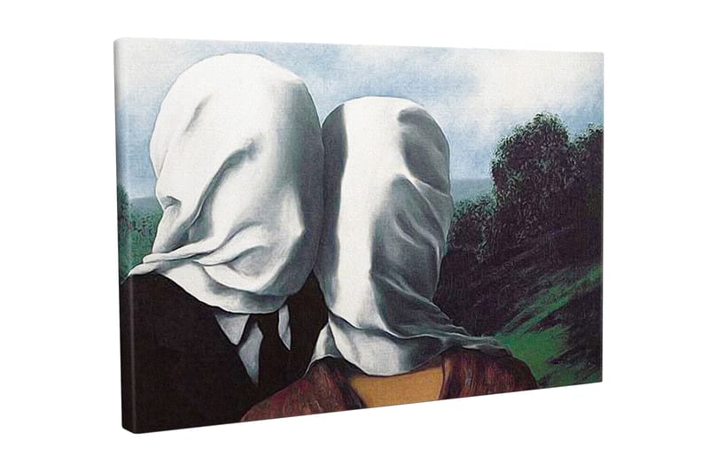 Lerretsbilde - Par med hvite kluter som dekker ansiktene, stående i et frodig landskap, Hvit / Svart / Grønn