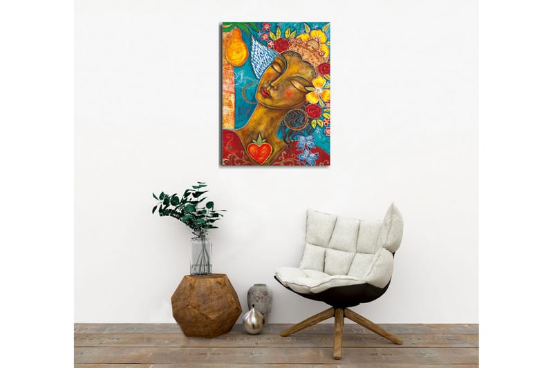 Lerretsbilde - Portrett av en kvinne med blomster og frukt i håret - Turkis / Brun / Rød - Innredning - Bilder & kunst - Lerretsbilder