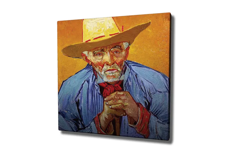 Lerretsbilde - Portrett av en gammel mann med hatt og blå skjorte, Gul / Blå / Rød