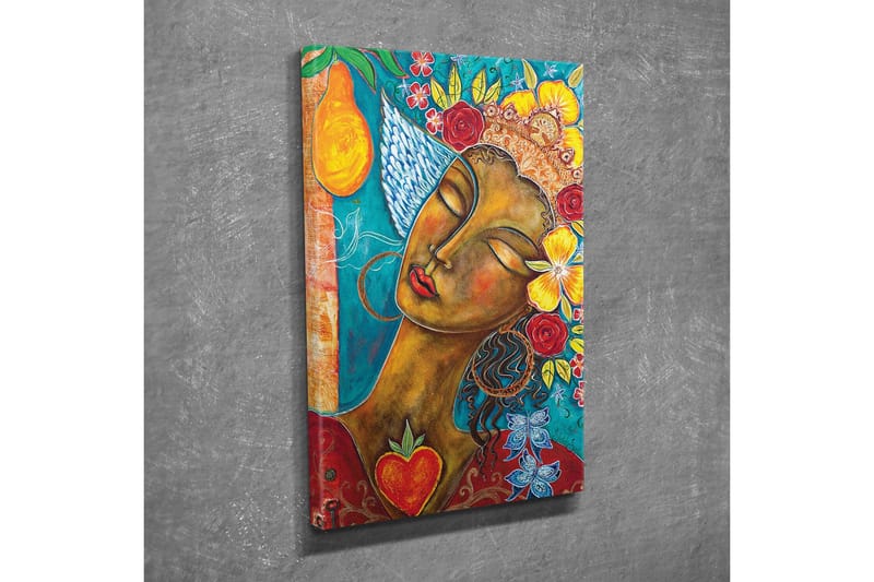 Lerretsbilde - Portrett av en kvinne med blomster og frukt i håret - Turkis / Brun / Rød - Innredning - Bilder & kunst - Lerretsbilder