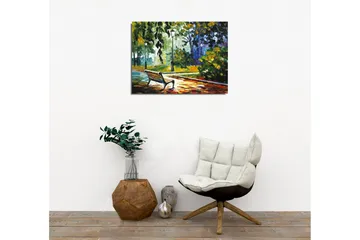 Lerretsbilde - Parkbenk omgitt av frodige trær og lys i et fargerikt miljø - Grønn / Gul / Blå - Innredning - Bilder & kunst - Lerretsbilder