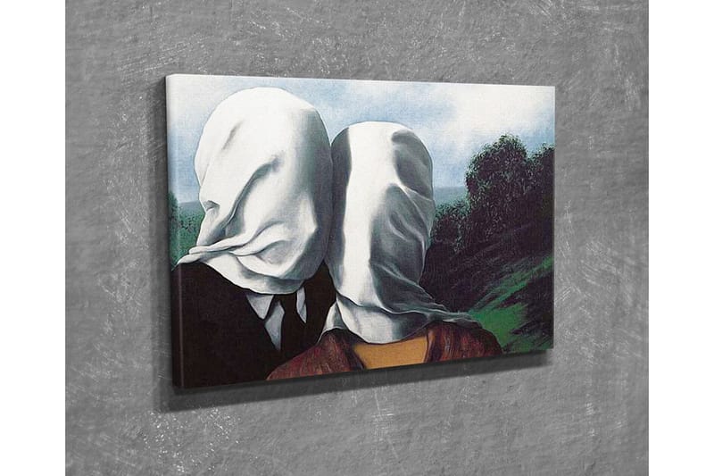 Lerretsbilde - Par med hvite kluter som dekker ansiktene, stående i et frodig landskap - Hvit / Svart / Grønn - Innredning - Bilder & kunst - Lerretsbilder