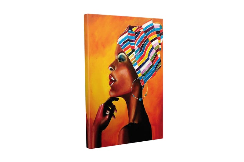 Lerretsbilde - Portrett av en kvinne med fargerikt hodeskjerf og sterkt uttrykk - Oransje / Svart / Blå - Innredning - Bilder & kunst - Lerretsbilder