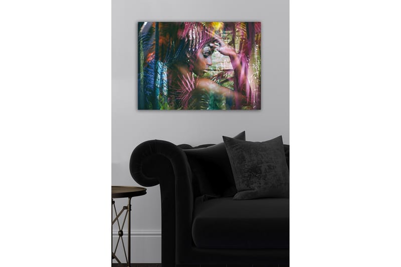 Lerretsbilde - Portrett av en kvinne omgitt av fargerike planter - Grønn / Rosa / Blå - Innredning - Bilder & kunst - Lerretsbilder