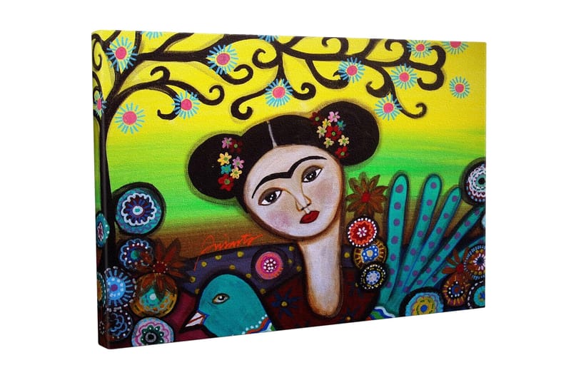 Lerretsbilde - Portrett av en kvinne med blomster i håret og en grønn fugl ved siden av seg, Grønn / Rød / Svart