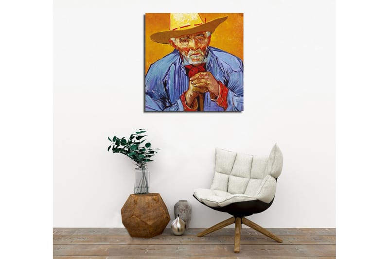 Lerretsbilde - Portrett av en gammel mann med hatt og blå skjorte - Gul / Blå / Rød - Innredning - Bilder & kunst - Lerretsbilder