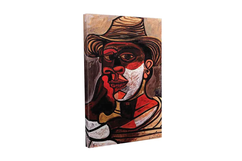 Lerretsbilde - Portrett av en mann med hatt og sterke ansiktstrekk, Rød / Svart / Hvit