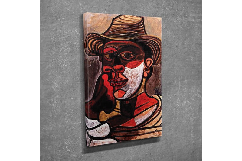 Lerretsbilde - Portrett av en mann med hatt og sterke ansiktstrekk - Rød / Svart / Hvit - Innredning - Bilder & kunst - Lerretsbilder