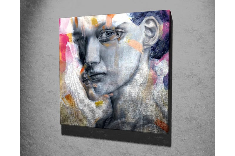 Lerretsbilde - Portrett av en kvinne med et uttrykksfullt ansiktsuttrykk - Grå / Rosa / Oransje - Innredning - Bilder & kunst - Lerretsbilder