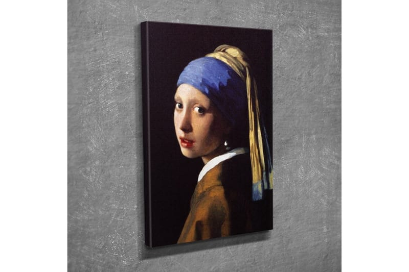 Lerretsbilde - Portrett av en ung kvinne med perleørering og blått hodeskjerf - Blå / Beige / Svart - Innredning - Bilder & kunst - Lerretsbilder