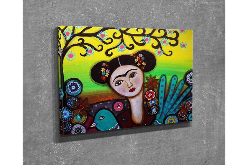 Lerretsbilde - Portrett av en kvinne med blomster i håret og en grønn fugl ved siden av seg - Grønn / Rød / Svart - Innredning - Bilder & kunst - Lerretsbilder