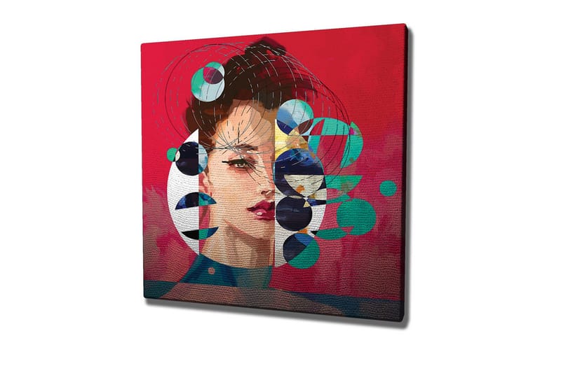 Lerretsbilde - Portrett av en kvinne med abstrakte geometriske former og fargerike sirkler, Rød / Grønn / Svart