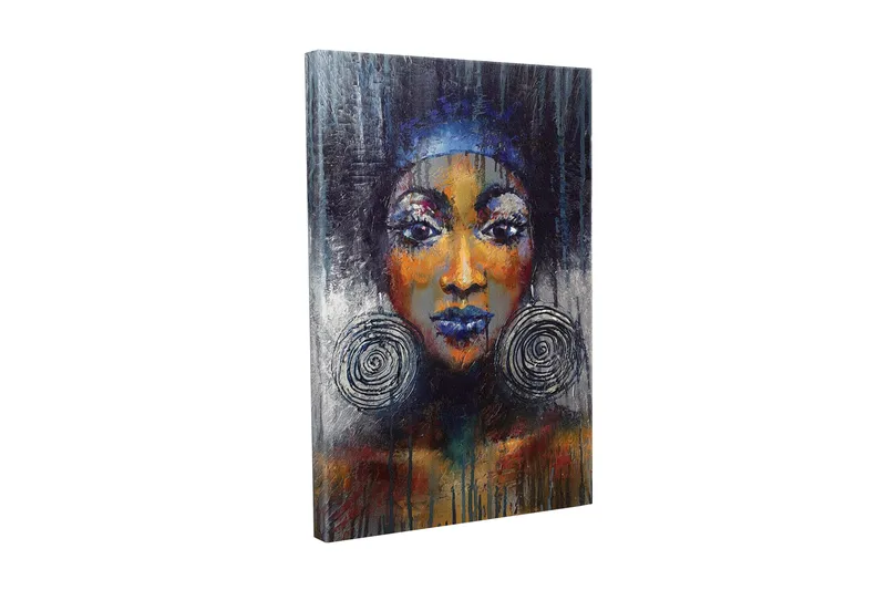 Lerretsbilde - Portrett av en kvinne med store øredobber og sterke farger, Mørk blå / Oransje / Svart