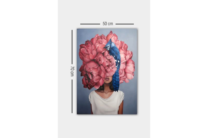 Lerretsbilde - Portrett av en kvinne med en stor bukett rosa blomster som hode og en blå fugl som sitter på blomstene - Rosa / Blå / Beige - Innredning - Bilder & kunst - Lerretsbilder