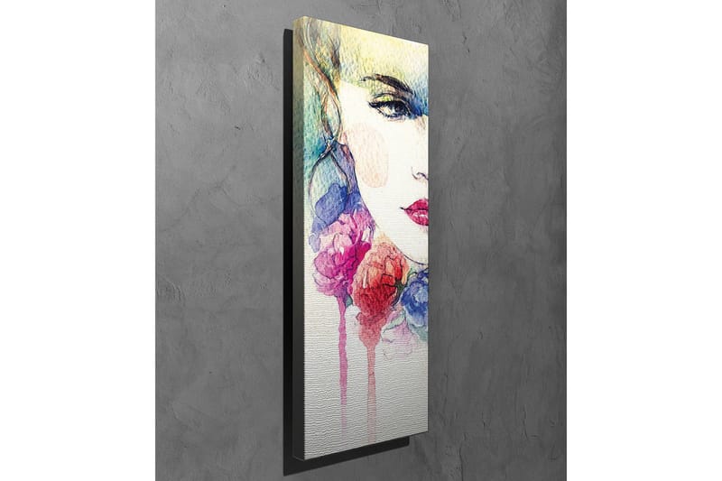 Lerretsbilde - Portrett av en kvinne med fargerike blomster rundt ansiktet - Rosa / Blå / Gul - Innredning - Bilder & kunst - Lerretsbilder