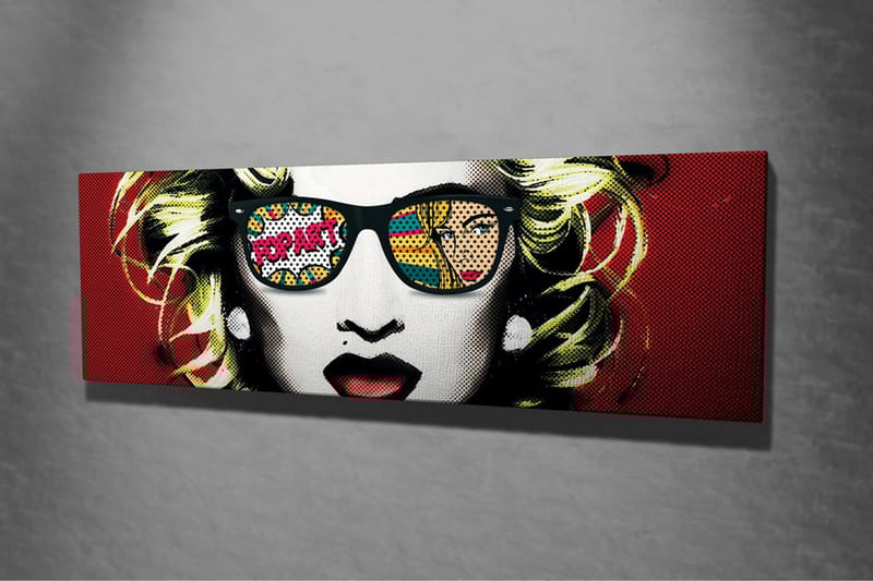 Lerretsbilde - Portrett av en kvinne med solbriller og popkunstmotiver i refleksjonene - Rød / Svart / Gul - Innredning - Bilder & kunst - Lerretsbilder