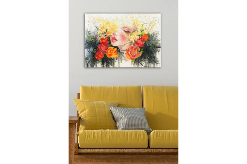 Lerretsbilde - Portrett av en kvinne med blomster i håret - Oransje / Gul / Svart - Innredning - Bilder & kunst - Lerretsbilder