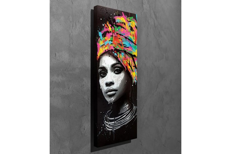 Lerretsbilde - Portrett av en kvinne med et fargerikt hodeskjerf - Svart / Rosa / Gul - Innredning - Bilder & kunst - Lerretsbilder