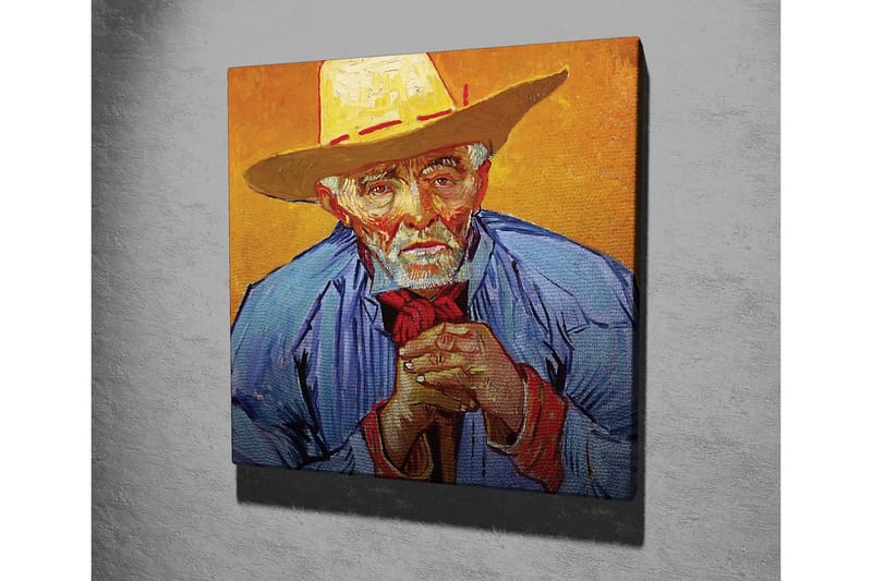 Lerretsbilde - Portrett av en gammel mann med hatt og blå skjorte - Gul / Blå / Rød - Innredning - Bilder & kunst - Lerretsbilder