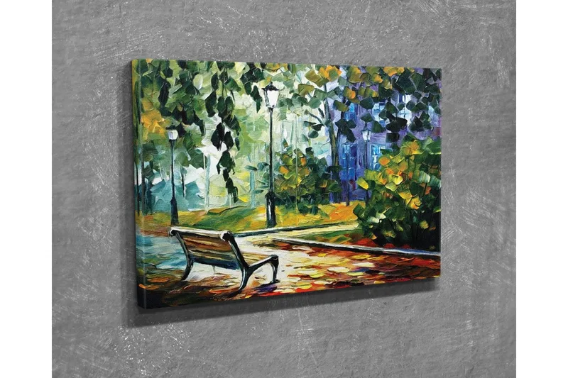 Lerretsbilde - Parkbenk omgitt av frodige trær og lys i et fargerikt miljø - Grønn / Gul / Blå - Innredning - Bilder & kunst - Lerretsbilder