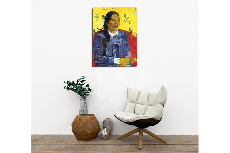 Lerretsbilde - Portrett av en kvinne med blomster i hånden - Mørk blå / Gul / Rød - Innredning - Bilder & kunst - Lerretsbilder