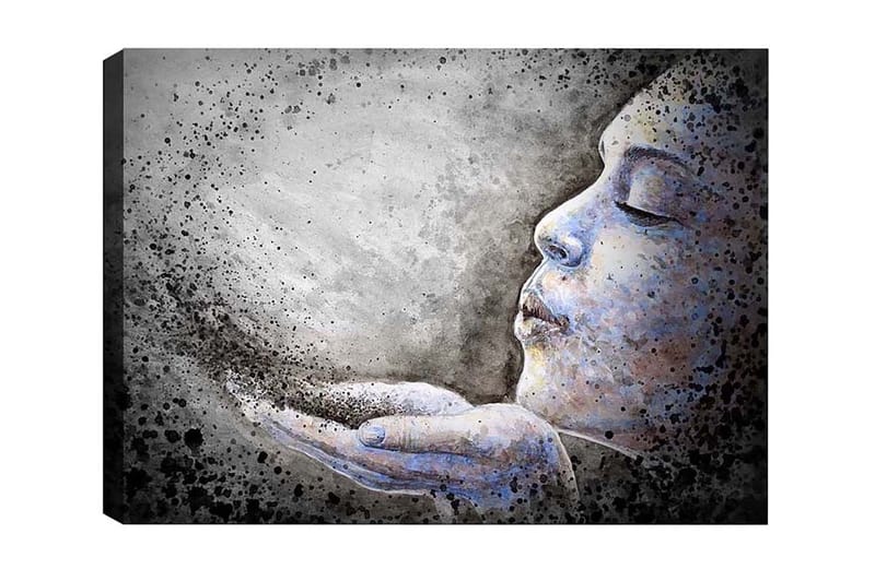 Lerretsbilde - Portrett av en kvinne som blåser partikler ut av hendene sine, Grå / Blå / Svart