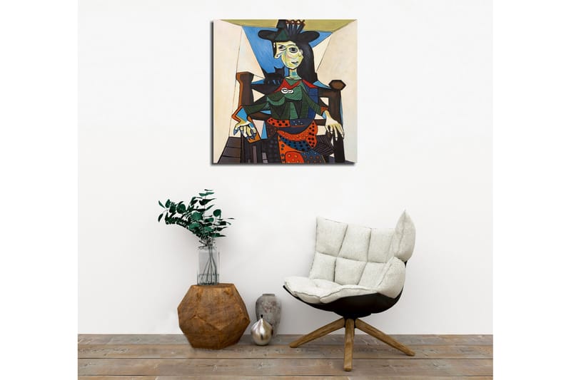 Lerretsbilde - Portrett av kvinne med geometriske former og sterke farger - Grønn / Blå / Oransje - Innredning - Bilder & kunst - Lerretsbilder