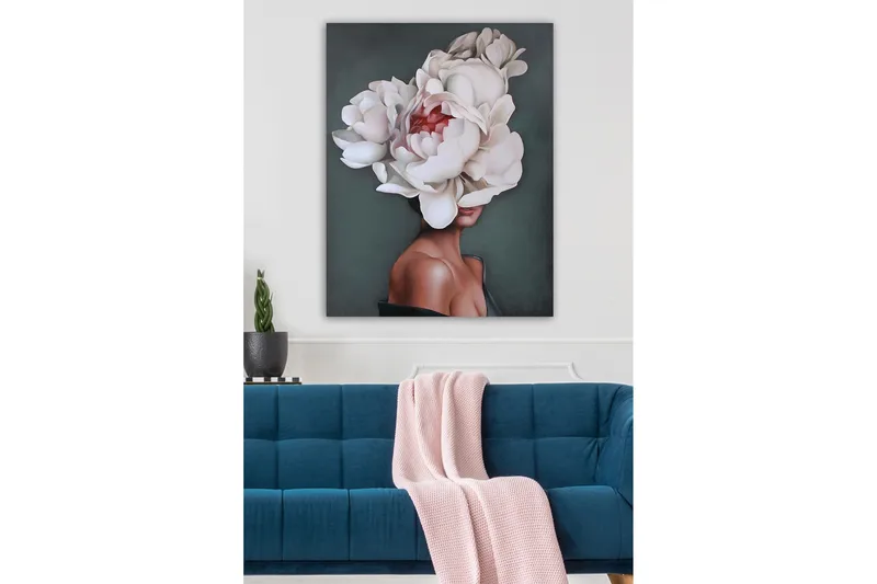 Lerretsbilde - Portrett av en kvinne med en stor krans av hvite peoner som dekker hodet - Hvit / Mørkegrønn / Rosa - Innredning - Bilder & kunst - Lerretsbilder