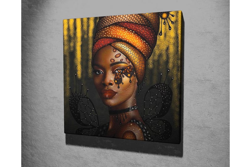 Lerretsbilde - Portrett av en kvinne med fargerik hodeplagg og sommerfugler - Gull / Svart / Rød - Innredning - Bilder & kunst - Lerretsbilder