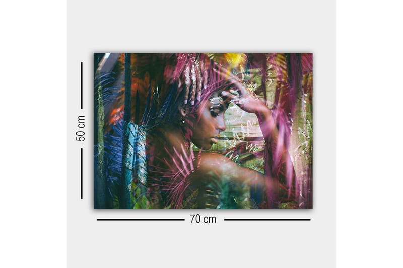 Lerretsbilde - Portrett av en kvinne omgitt av fargerike planter - Grønn / Rosa / Blå - Innredning - Bilder & kunst - Lerretsbilder